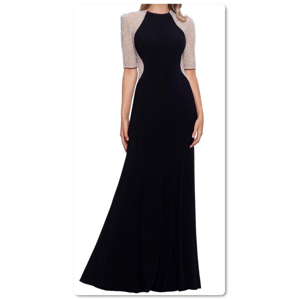 Xscape Gown Black Fitted Maxi Crew Neck Beaded Mesh Sleeves Size 14 NEW NWT